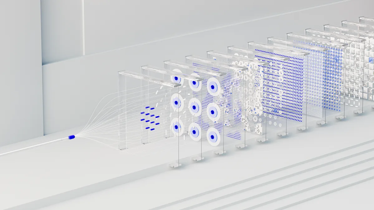 Artist's 3D illustration of AI data flow and neural network pathways, representing intelligent routing of tasks across models
