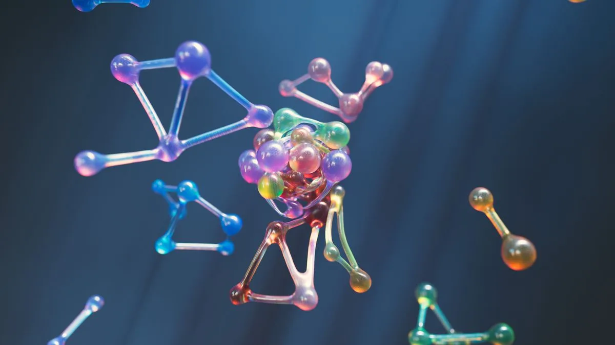 Abstract 3D rendering of colorful molecular models and connected spheres representing organizational structure and coordination networks