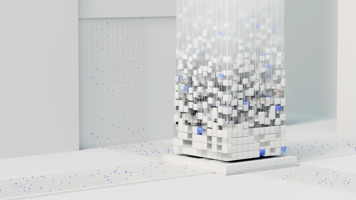 Artist's 3D illustration of interconnected neural network nodes representing artificial intelligence and deep learning coordination